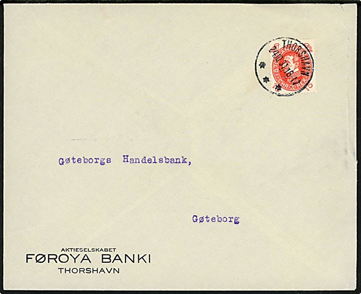 15 øre Chr. X 60 år på firmakuvert fra Føroya Banki annulleret med brotype IIIc Thorshavn d. 24.10.1931 til Göteborg, Sverige.