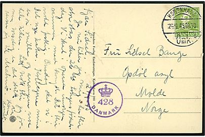 15 øre Chr. X på brevkort fra København d. 24.9.1945 til Molde, Norge. Dansk efterkrigscensur (krone)/428/Danmark.