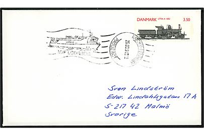3,50 kr. DSB lokomotiv på brev annulleret med håndrulle skibsstempel Rødby-Fehmern Paquebot d. 25.3.1991 til Malmö, Sverige. Fold.