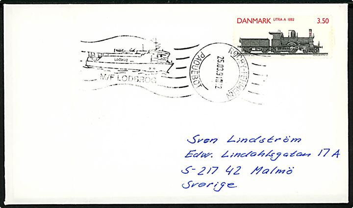 3,50 kr. DSB lokomotiv på brev annulleret med håndrulle skibsstempel Rødby-Fehmern Paquebot d. 25.3.1991 til Malmö, Sverige. Fold.