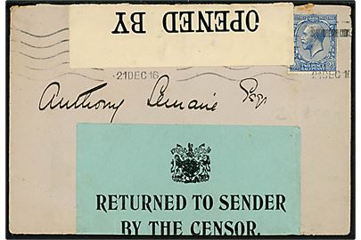 2½d George V single på brev stemplet South... d. 21.12.1916 til Schweiz. Åbnet af britisk censur no. 4271 og returneret med blå label: Returned to sender by the censor.