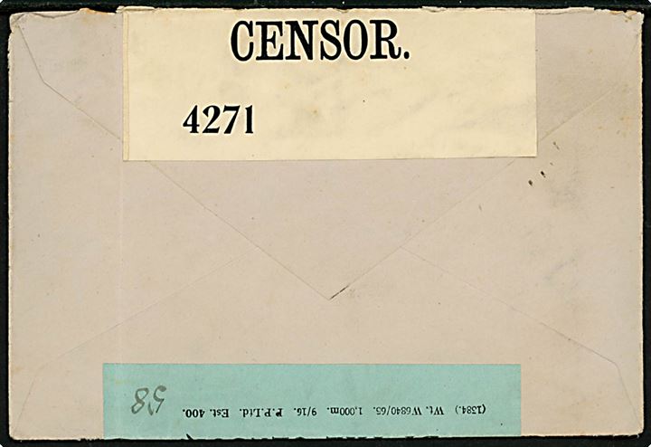 2½d George V single på brev stemplet South... d. 21.12.1916 til Schweiz. Åbnet af britisk censur no. 4271 og returneret med blå label: Returned to sender by the censor.