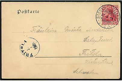 10 pfg. Germania på brevkort (Gruss fon der Insel Rügen) annulleret med svensk sejlende bureaustempel Sassnitz - Trelleborg * 142 A * d. 21.8.1905 til Fritsta, Sverige. 