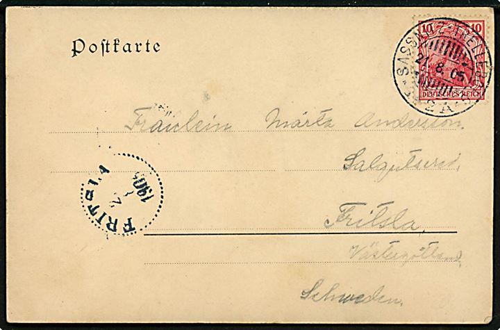 10 pfg. Germania på brevkort (Gruss von der Insel Rügen) annulleret med svensk sejlende bureaustempel Sassnitz - Trelleborg * 142 A * d. 21.8.1905 til Fritsta, Sverige. 