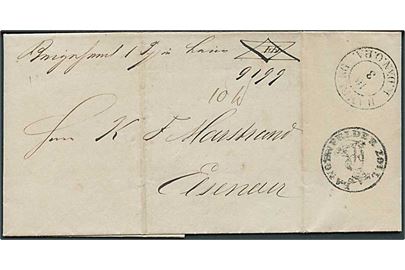 1844. Pakkefølgebrev for pakke stemplet Hamburg K.Dän.O.P.A. d. 16.3.1844 til Helsingør. Sort toldstempel: Langewelder Zoll.