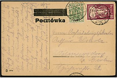 5 f. Våben og 10 f. Parlamentets Åbning på brevkort fra Poznan d. 8.1.1920 til Wilmersdorf b. Berlin, Tyskland. 