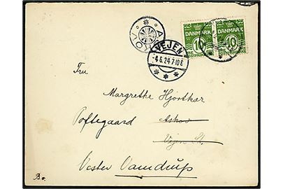 10 øre Bølgelinie i parstykke på brev annulleret med utydeligt stempel d. 3.6.1924 til Askov pr. Vejen - eftersendt til Vester Vamdrup med stjernestempel ASKOV og sidestemplet Vejen d. 4.6.1924.