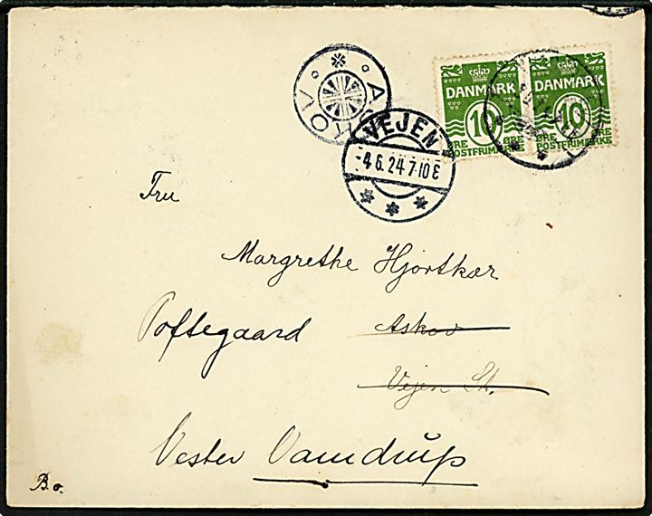 10 øre Bølgelinie i parstykke på brev annulleret med utydeligt stempel d. 3.6.1924 til Askov pr. Vejen - eftersendt til Vester Vamdrup med stjernestempel ASKOV og sidestemplet Vejen d. 4.6.1924.