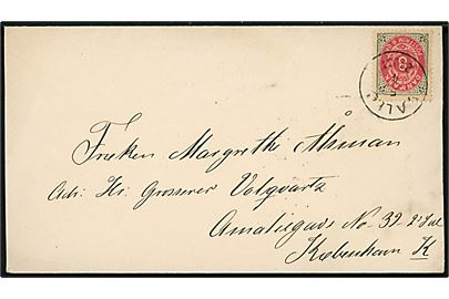 8 øre Tofarvet på brev annulleret med lapidar Vallø d. 5.4.1887 til København.