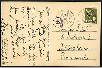 15 øre Løve på brevkort annulleret Spedalen d. 27.6.1945 til København, Danmark. Norsk efterkrigscensur 5 i violet.