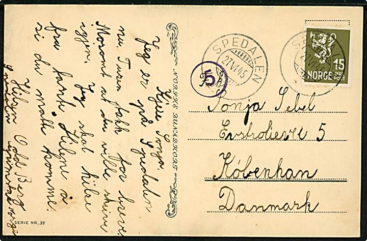 15 øre Løve på brevkort annulleret Spedalen d. 27.6.1945 til København, Danmark. Norsk efterkrigscensur 5 i violet.