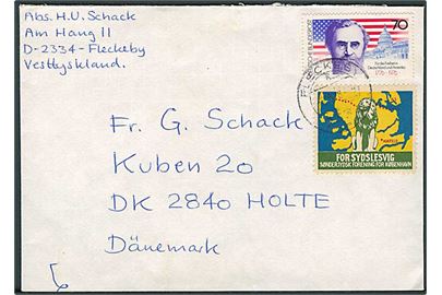 Tysk 70 pfg. og For Sydslesvig mærkat på brev fra Flensburg 1978 til Holte, Danmark.