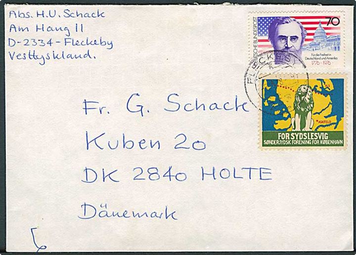 Tysk 70 pfg. og For Sydslesvig mærkat på brev fra Flensburg 1978 til Holte, Danmark.