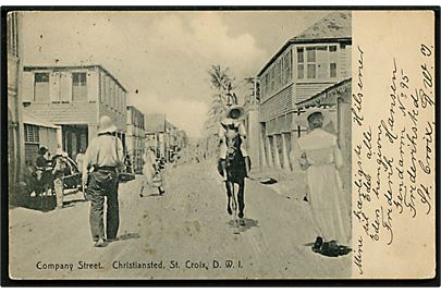 D.V.I., Christiansted, St. Croix, Company Street. Niels Serie C. Med 10 bit Fr. VIII, annulleret Frederiksted d. 13.07.1910 til Frederikssund, Danmark