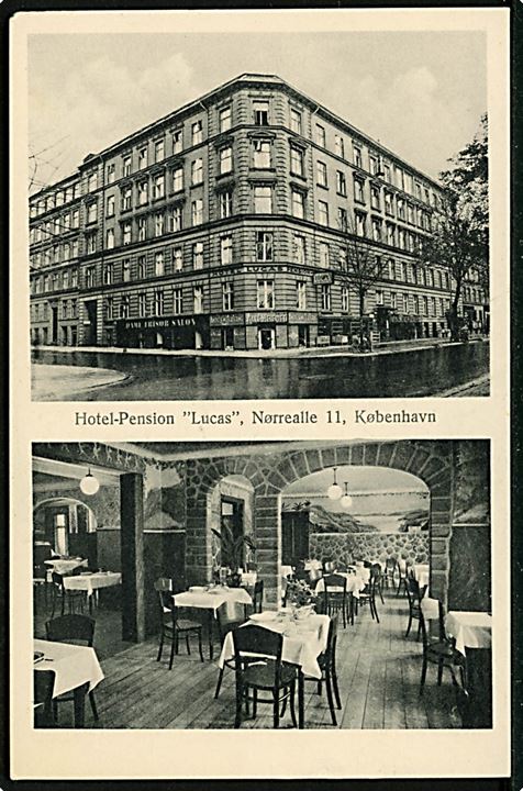 Købh., Hotel Pension Lucas, Nørrealle 11. Reklamekort - 7 dages sommerophold for 28,75 kr.! A. Vincent no. N 66. 
