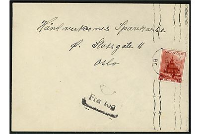 20 øre Turist udg. på brev annulleret Oslo d. 18.4.1941 og sidestemplet (Posthorn)/Fra Tog til Oslo.