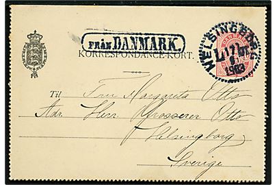 10 øre Våben helsags korrespondancekort annulleret med svensk stempel i Helsingborg d. 17.9.1903 og sidestemplet Från Danmark til Helsingborg, Sverige.