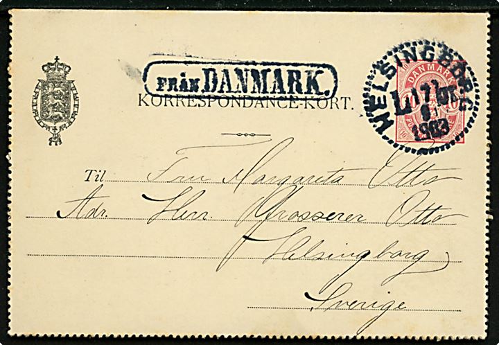 10 øre Våben helsags korrespondancekort annulleret med svensk stempel i Helsingborg d. 17.9.1903 og sidestemplet Från Danmark til Helsingborg, Sverige.