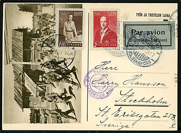 Illustreret feltpostkort opfrankeret med 1,75 mk. Mannerheim og 2 mk. Ryti og sendt som luftpost fra Helsingfors d. 23.3.1943 til Stockholm, Sverige. Finsk censur.