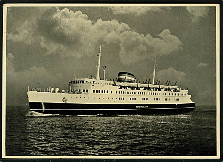 20 øre Fr. IX på brevkort (M/S Kong Fredderik IX) annulleret med violet håndrullestempel Dansk Skibspost Gedser - Grossenbrode d. 28.4.1955 til Göteborg, Sverige.
