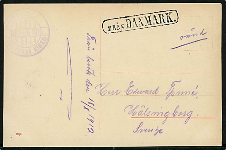 5 øre Bølgelinie på billedside af brevkort (Købh., Personbanegården) annulleret med svagt bureaustempel PLK 138 (= Helsingborg - Eslöv) d. 19.8.1912 og på bagsiden stemplet Från Danmark til Helsingborg, Sverige. 