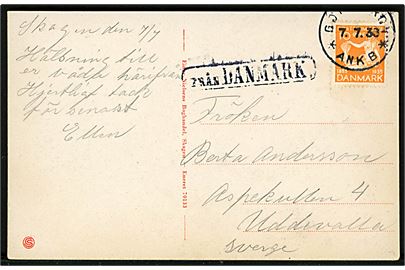 10 øre H. C. Andersen på brevkort fra Skagen (Udsigt fra vandtårnet) annulleret med svensk stempel i Göteborg d. 7.7.1936 og sidestemplet Från Danmark til Uddevalla, Sverige.