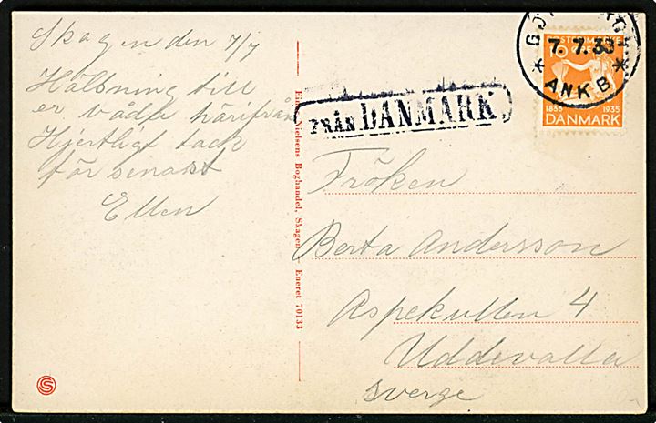 10 øre H. C. Andersen på brevkort fra Skagen (Udsigt fra vandtårnet) annulleret med svensk stempel i Göteborg d. 7.7.1936 og sidestemplet Från Danmark til Uddevalla, Sverige.