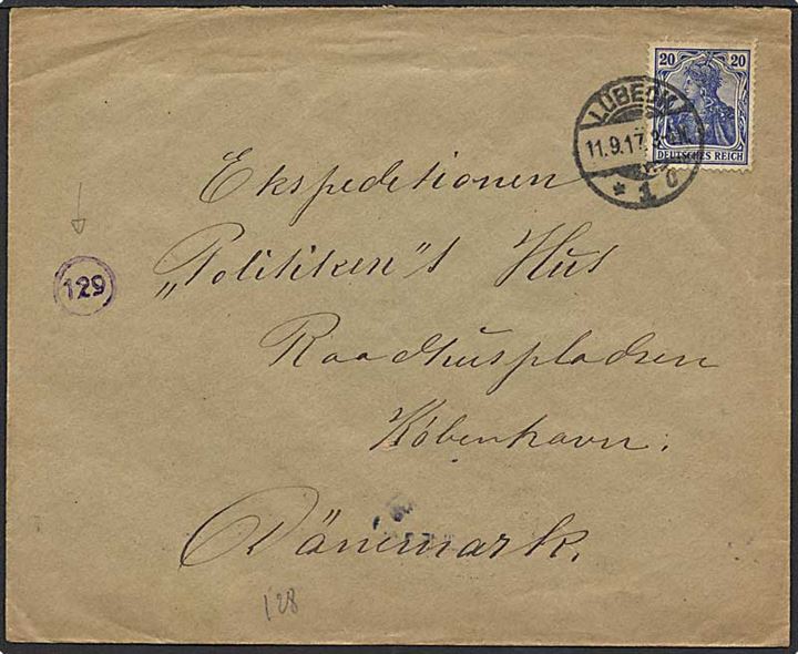 20 pfennig på brev fra Berlin, Tyskland, d. 11.9.1917 til København. Tysk censur.