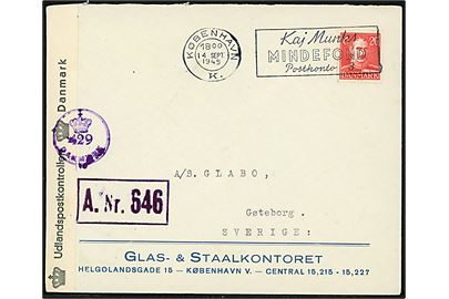 20 øre Chr. X på brev annulleret med TMS København K. / Kaj Munks Mindefond Postkonto 3 d. 14.9.1945 til Göteborg, Sverige. Åbnet af dansk efterkrigscensur med stempel (krone)/429/Danmark og Licens-stempel A.Nr. 646.