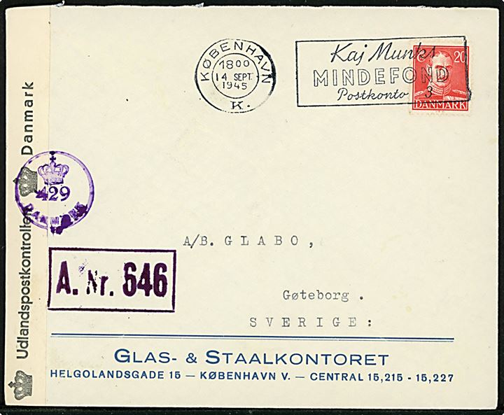 20 øre Chr. X på brev annulleret med TMS København K. / Kaj Munks Mindefond Postkonto 3 d. 14.9.1945 til Göteborg, Sverige. Åbnet af dansk efterkrigscensur med stempel (krone)/429/Danmark og Licens-stempel A.Nr. 646.