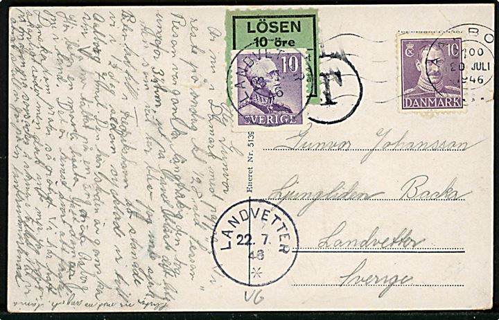 10 øre Chr. X på underfrankeret brevkort (Aalborg, udsigt fra Skovbakken) fra Aalborg d. 20.7.1946 til Landvetter, Sverige. T-stempel, grøn Lösen etiket og 10 öre Gustaf som portomærke annulleret Landvetter d. 22.7.1946.