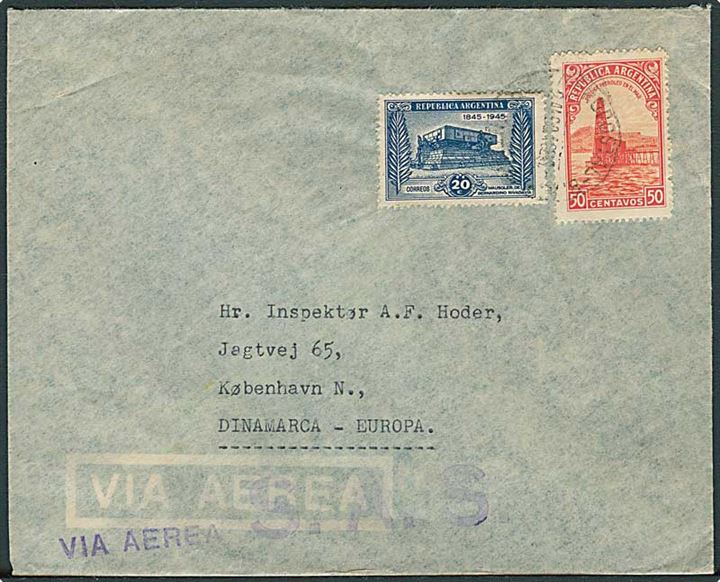 50 c. og 20 c. på luftpostbrev fra danske konsulat i Buenos Aires (uklar dato) til København, Danmark. Liniestempel: Via Aerea S.A.S.