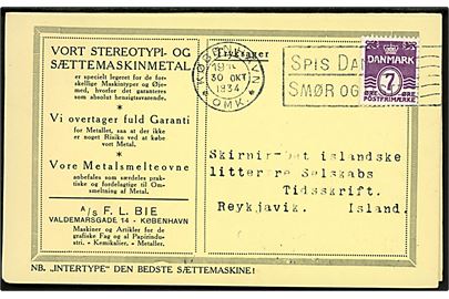 7 øre Bølgelinie på tryksagskort fra København d. 30.10.1930 til Reykjavik, Island.