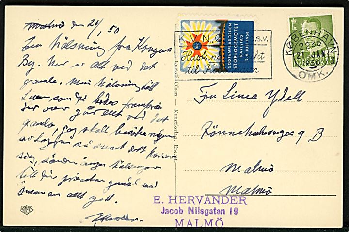 15 øre Fr. IX og God Templar Orden Storlogemøde i Karlstad mærkat på brevkort fra København d. 21.1.1950 til Malmö, Sverige.