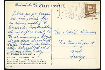 20 øre Fr. IX på brevkort (M/F Kong Frederik IX) annulleret med håndrulle skibsstempel Dansk Søpost Gedser-Grossenbrode d. 4.7.1956 til Gävle, Sverige.