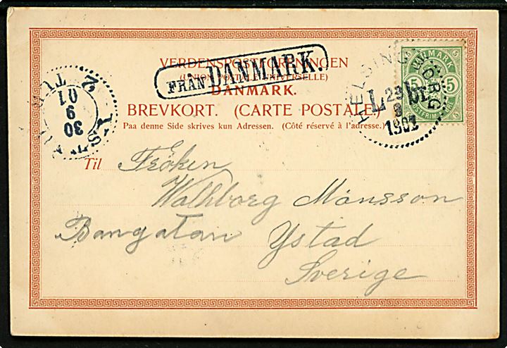 5 øre Våben på brevkort (Tekst Helsingør, men motiv Helsingborg havn) annulleret med svensk stempel i Helsingborg d. 23.9.1901 og sidestemplet Från Danmark til Ystad, Sverige.