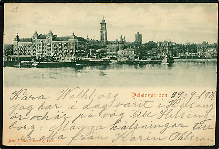 5 øre Våben på brevkort (Tekst Helsingør, men motiv Helsingborg havn) annulleret med svensk stempel i Helsingborg d. 23.9.1901 og sidestemplet Från Danmark til Ystad, Sverige.