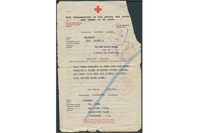 Røde Kors formular brev fra Guernsey d. 9.7.1943 via Røde Kors i Genéve til England. Retur med svar. Mange censur og røde kors stempler. 