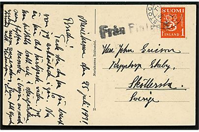 1 mk. Løve på brevkort fra Mariehamn på Åland annulleret med svensk stempel i Stockholm d. 26.7.1931 og sidestemplet Från Finland til Sköllessta, Sverige.