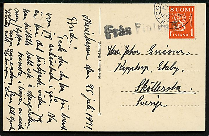 1 mk. Løve på brevkort fra Mariehamn på Åland annulleret med svensk stempel i Stockholm d. 26.7.1931 og sidestemplet Från Finland til Sköllessta, Sverige.