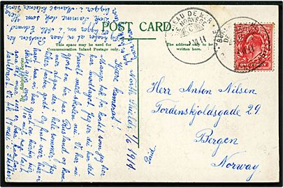 1d Edward VII på brevkort dateret North Shields annulleret med norsk sejlende bureaustempel Bureau de Mer de Norvege / C / Bergen - Newcastle d. 1.6.1911 til Bergen, Norge.