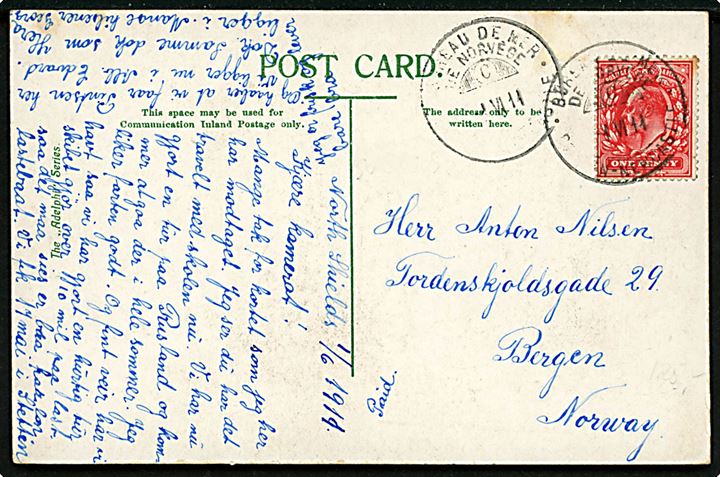 1d Edward VII på brevkort dateret North Shields annulleret med norsk sejlende bureaustempel Bureau de Mer de Norvege / C / Bergen - Newcastle d. 1.6.1911 til Bergen, Norge.
