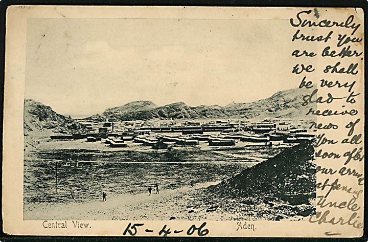 Britisk 1d Edward VII på brevkort (Central View, Aden) annulleret Aden d. 15.4.1906 og sidestemplet Paquebot til London.