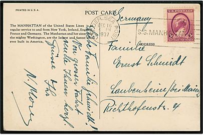 3 cents Susan A. Anthony (defekt) på brevkort (S/S Manhattan) annulleret med skibsstempel U. S. Ger. Sea Post / S.S.Manhattan d. 16.12.1937 til Tyskland.