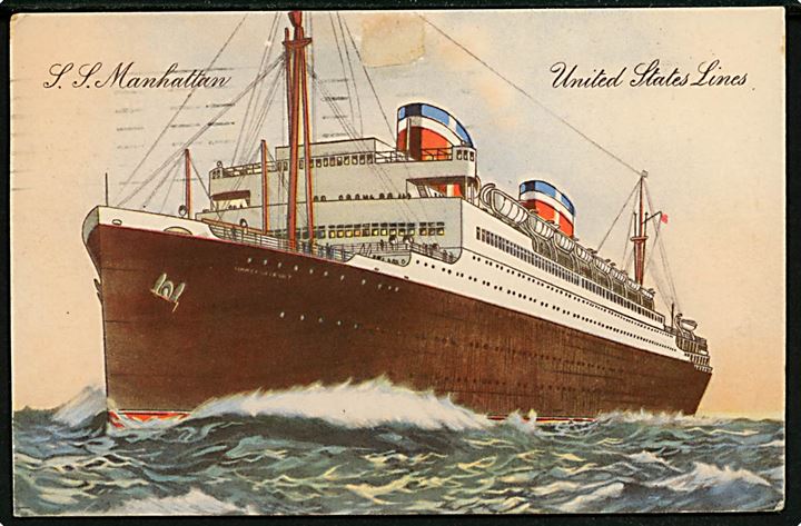 3 cents Susan A. Anthony (defekt) på brevkort (S/S Manhattan) annulleret med skibsstempel U. S. Ger. Sea Post / S.S.Manhattan d. 16.12.1937 til Tyskland.