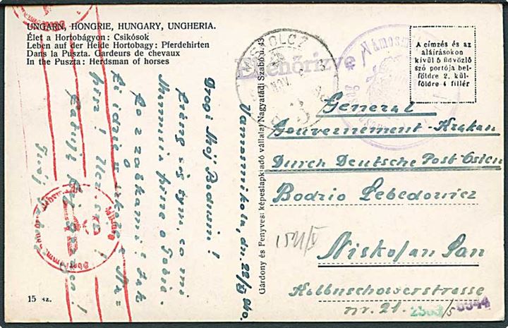 Ufrankeret interneret forsendelse fra interneret polsk soldat i Vamosmikola i Ungarn d. 22.11.1940 til Miskolan, Generalgouvernement Krakau, Deutsche Post Osten. Tysk censur.