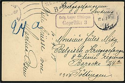 Ufrankeret brevkort (Kristiansborg Slot) påskrevet Kriegsgefangenen-Sendung fra Kjøbenhavn d. 17.9.1917 til belgisk krigsfange i Göttingen, Tyskland. Tysk lejrcensur. 