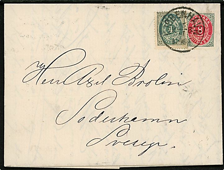 4 øre og 8 øre Tofarvet på brev annulleret med lapidar Kjøbenhavn d. 15.11.1880 til Söderhamn, Sverige.