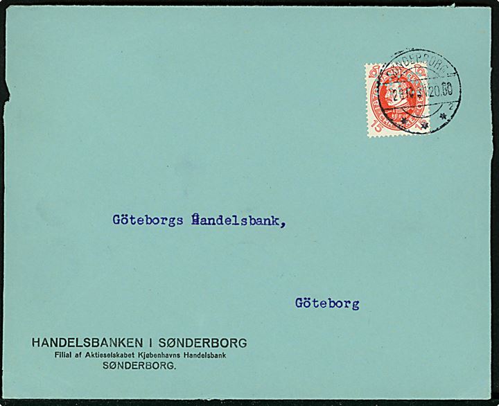 15 øre Chr. X 60 år med perfin H.i.S. på firmakuvert fra Handelsbanken i Sønderborg stemplet Sønderborg sn2 d. 28.10.1931 til Göteborg, Sverige.