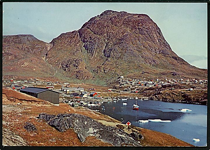 60 øre Margrethe og The Evangelical Mission in Greenland mærkat på brevkort (Narssaq, KGH 1972) fra Narssaq d. 23.5.1973 til Tranås, Sverige.